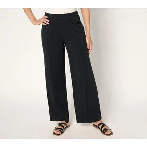 Denim and Co Beach Jersey Petite Full Length Wide Leg Pant Size Medium Black